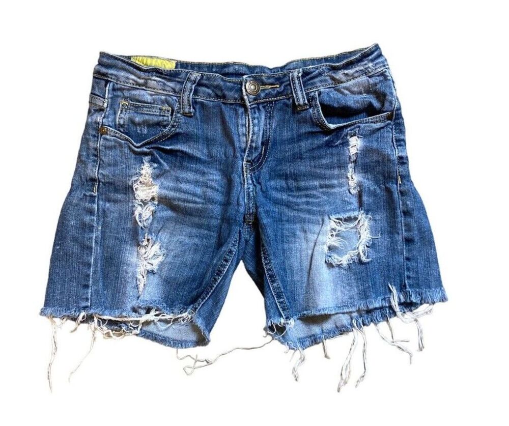 Distressed stretchy women's boho hippie shorts blue denim M cotton beach Machine